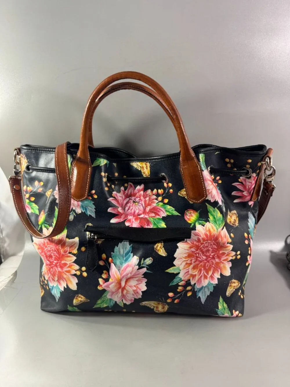 Cavalcanti Italian Black Leather Floral Spring Summer Drawstring Satchel Bag